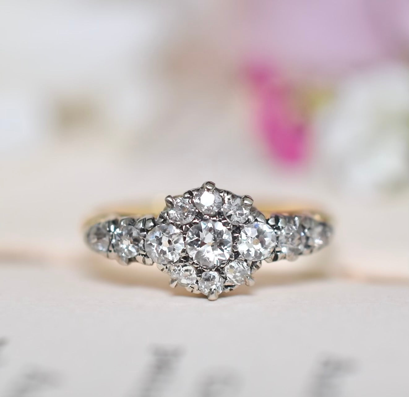 Antique Edwardian Era 18ct Yellow And White Gold Diamond Daisy Ring