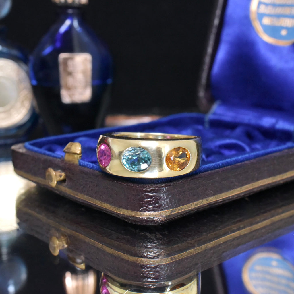 Modern 18ct Yellow Gold Natural Pink Sapphire, Natural Blue Zircon & Natural Yellow Sapphire Ring Independent Gemmological Retail Replacement Valuation Included For $5,350 AUD