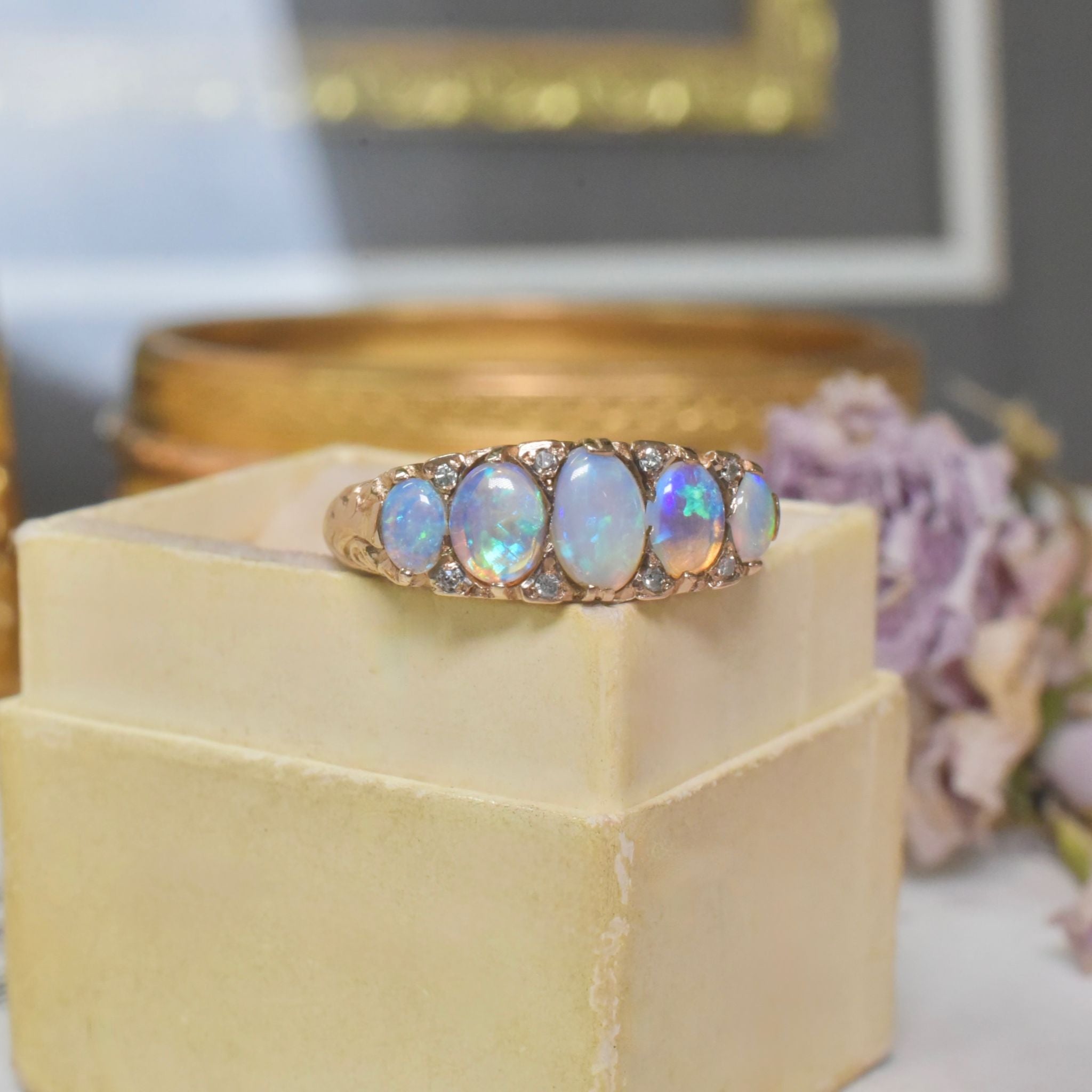 Contemporary 9ct Rose Gold ‘Antique Style’ Opal And Diamond Half Hoop Ring - Sheffield 1997