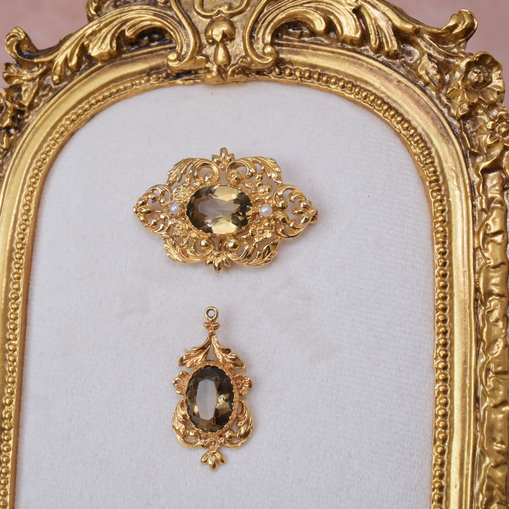 Vintage ‘Antique Style’ 9ct Yellow Gold Smoky Quartz Convertible Brooch - London 1972