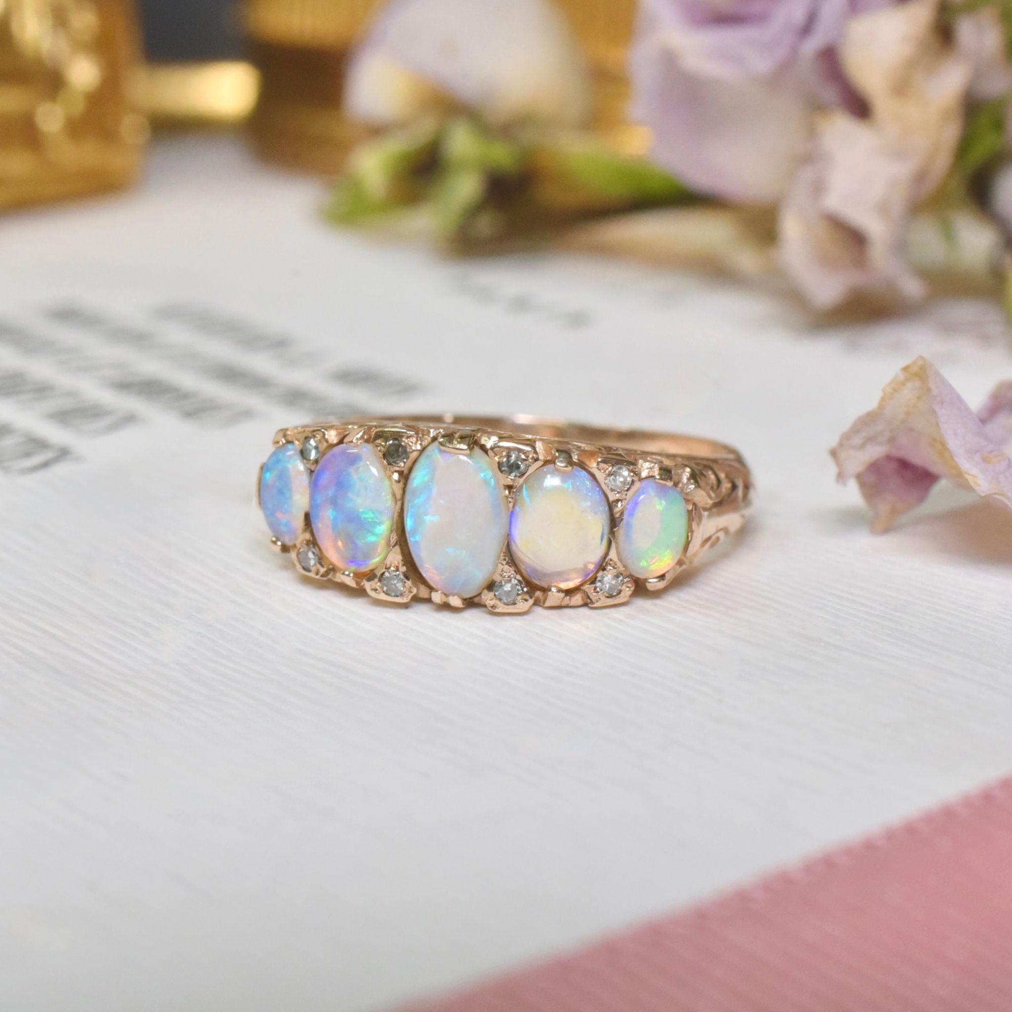 Contemporary 9ct Rose Gold ‘Antique Style’ Opal And Diamond Half Hoop Ring - Sheffield 1997