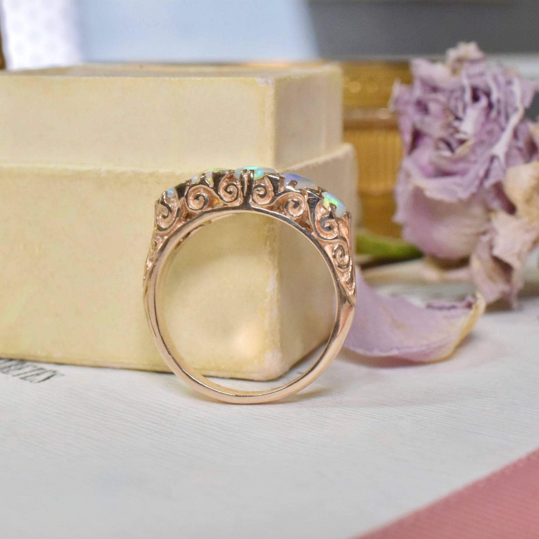 Contemporary 9ct Rose Gold ‘Antique Style’ Opal And Diamond Half Hoop Ring - Sheffield 1997