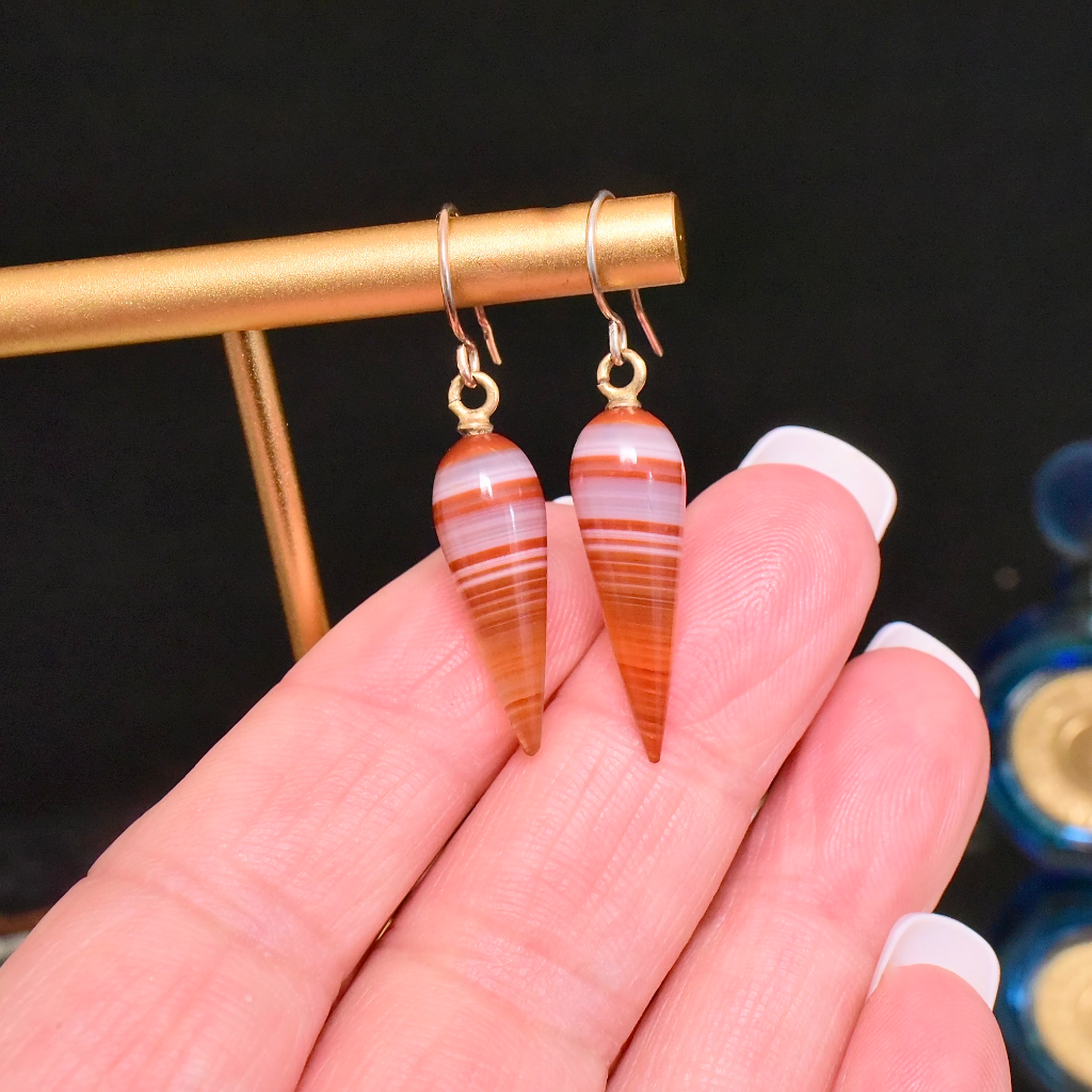 Antique French Banded Agate Amphora Earrings Circa 1870