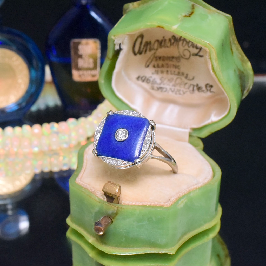 Antique Art Deco 18ct White Gold Diamond & Lapis Lazuli Ring Circa 1930