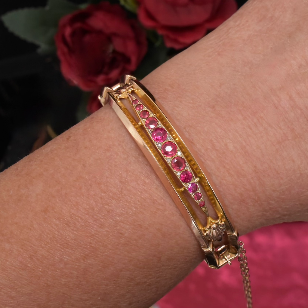 Antique Edwardian 9ct Rose Gold Garnet Topped Doublet & Diamond Bangle Circa 1910