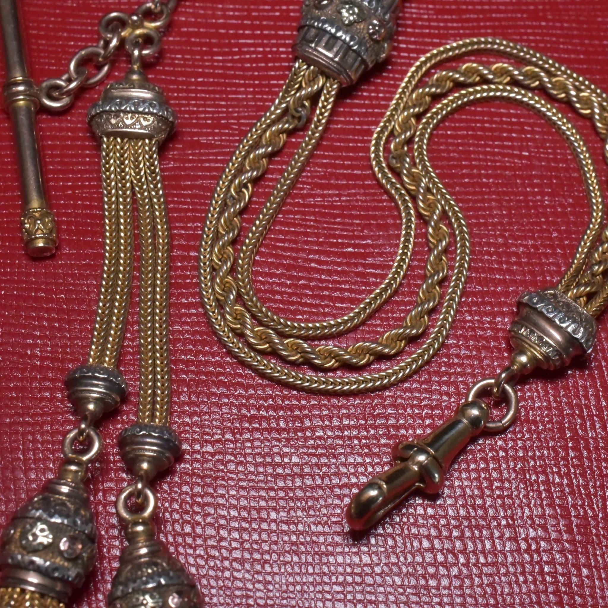Outstanding Antique Victorian 9ct Tri-Colour Ladies Albertina Tassel Pocket Watch Chain Circa 1880-90