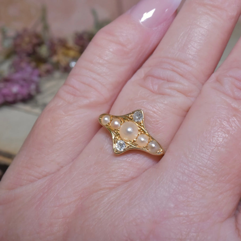 Antique Edwardian 18ct Yellow Gold Diamond And Half Pearl Ring Circa 1900-1910