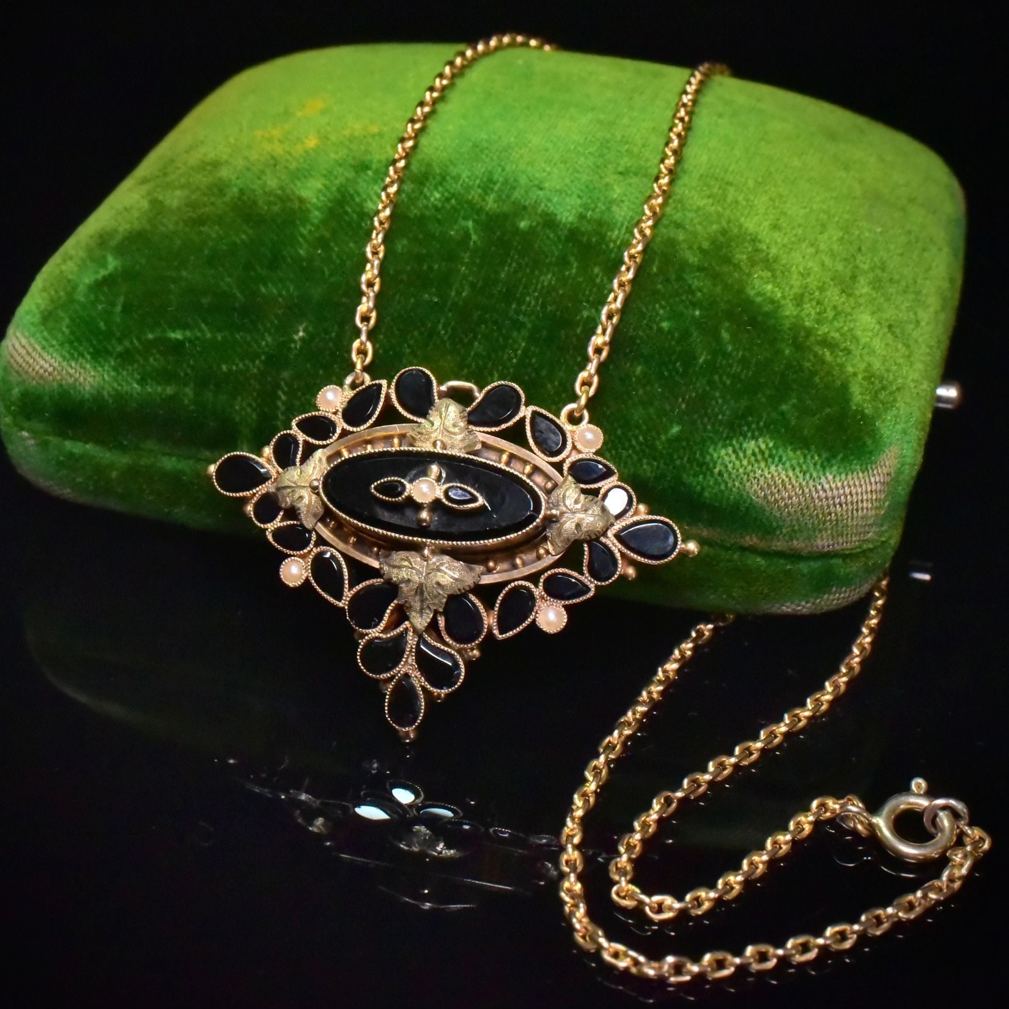 Antique Victorian 15ct (And 9ct) Onyx Pendant/Brooch Necklace Circa 1880-90