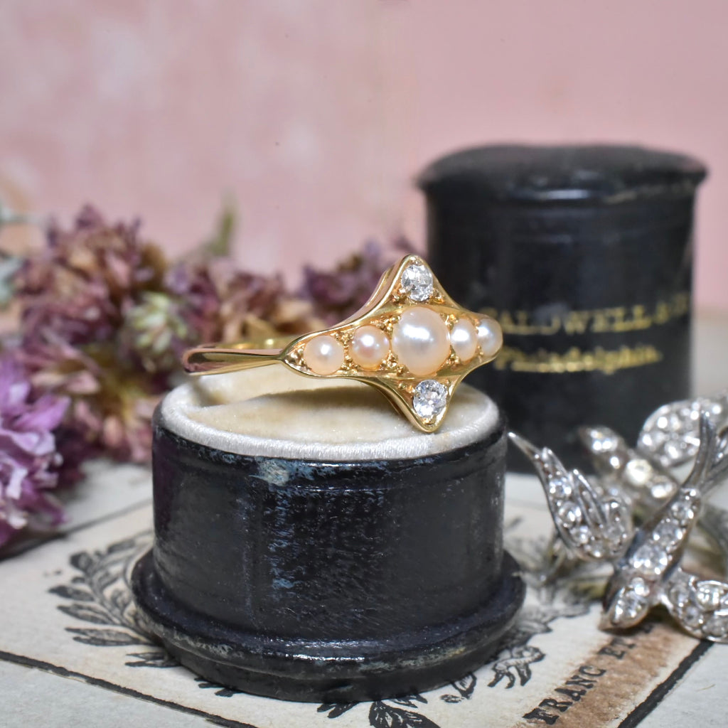Antique Edwardian 18ct Yellow Gold Diamond And Half Pearl Ring Circa 1900-1910