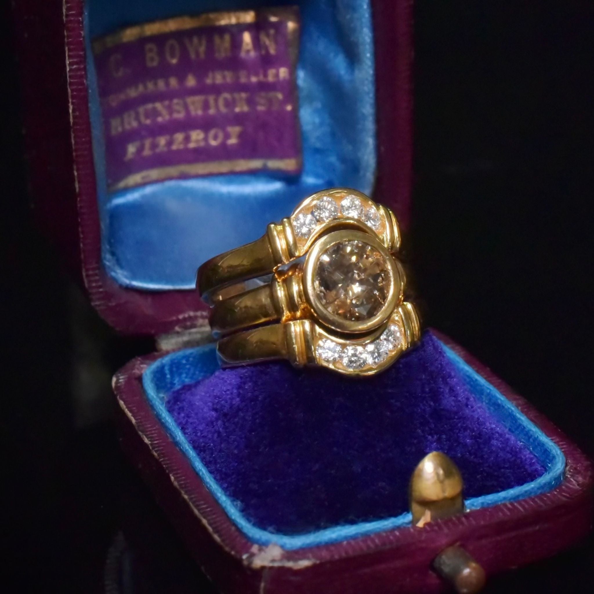 Contemporary 18ct Yellow Gold 1.34ct Champagne Diamond With 2 X 18ct Diamond Bands Valuation of $24,300 AUD