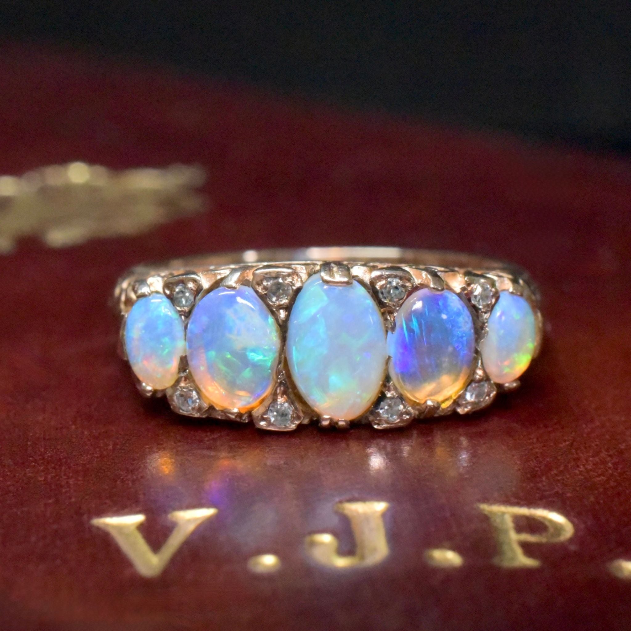 Contemporary 9ct Rose Gold ‘Antique Style’ Opal And Diamond Half Hoop Ring - Sheffield 1997