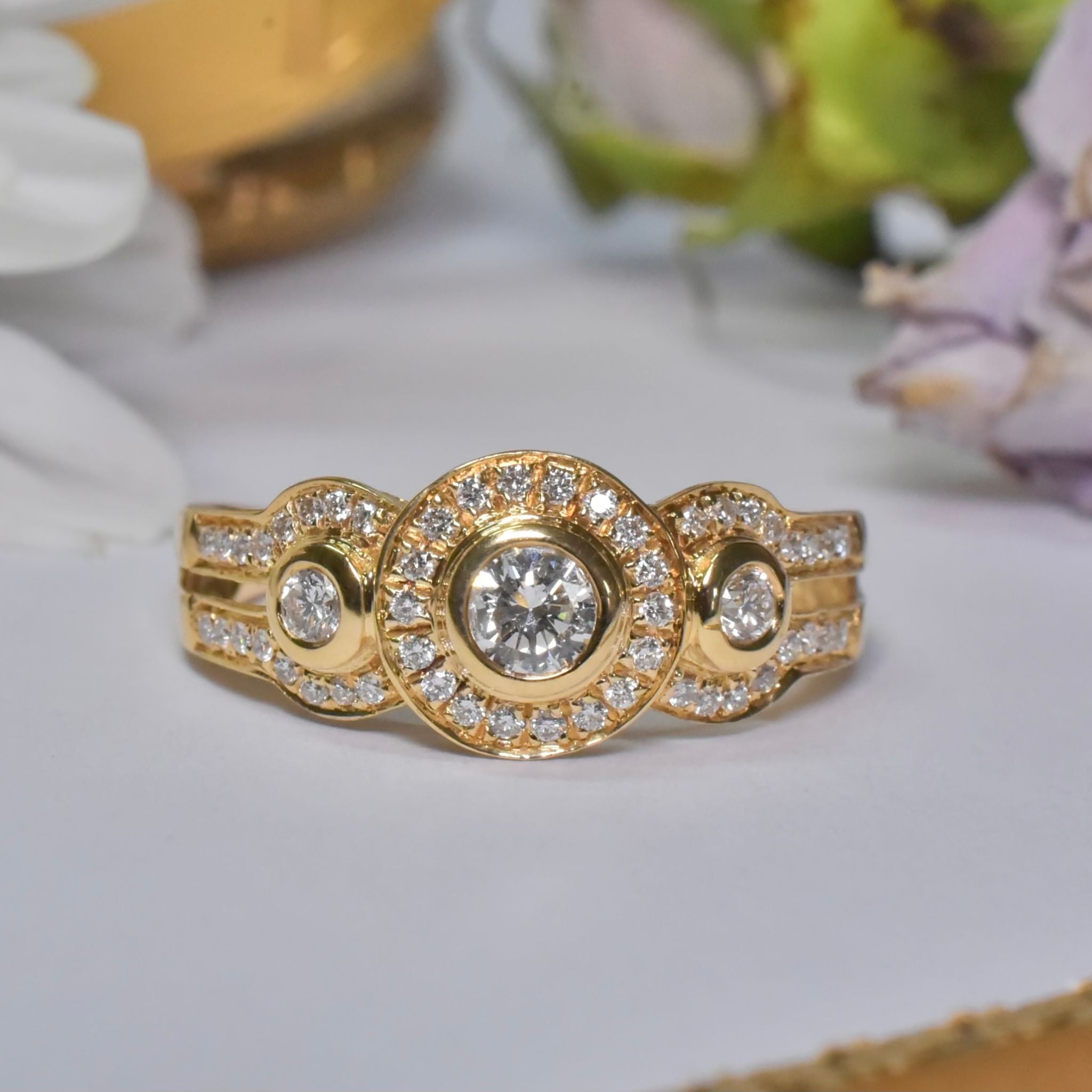 Modern 18ct Yellow Gold And Diamond Triple Halo Cluster Ring 0.63ct