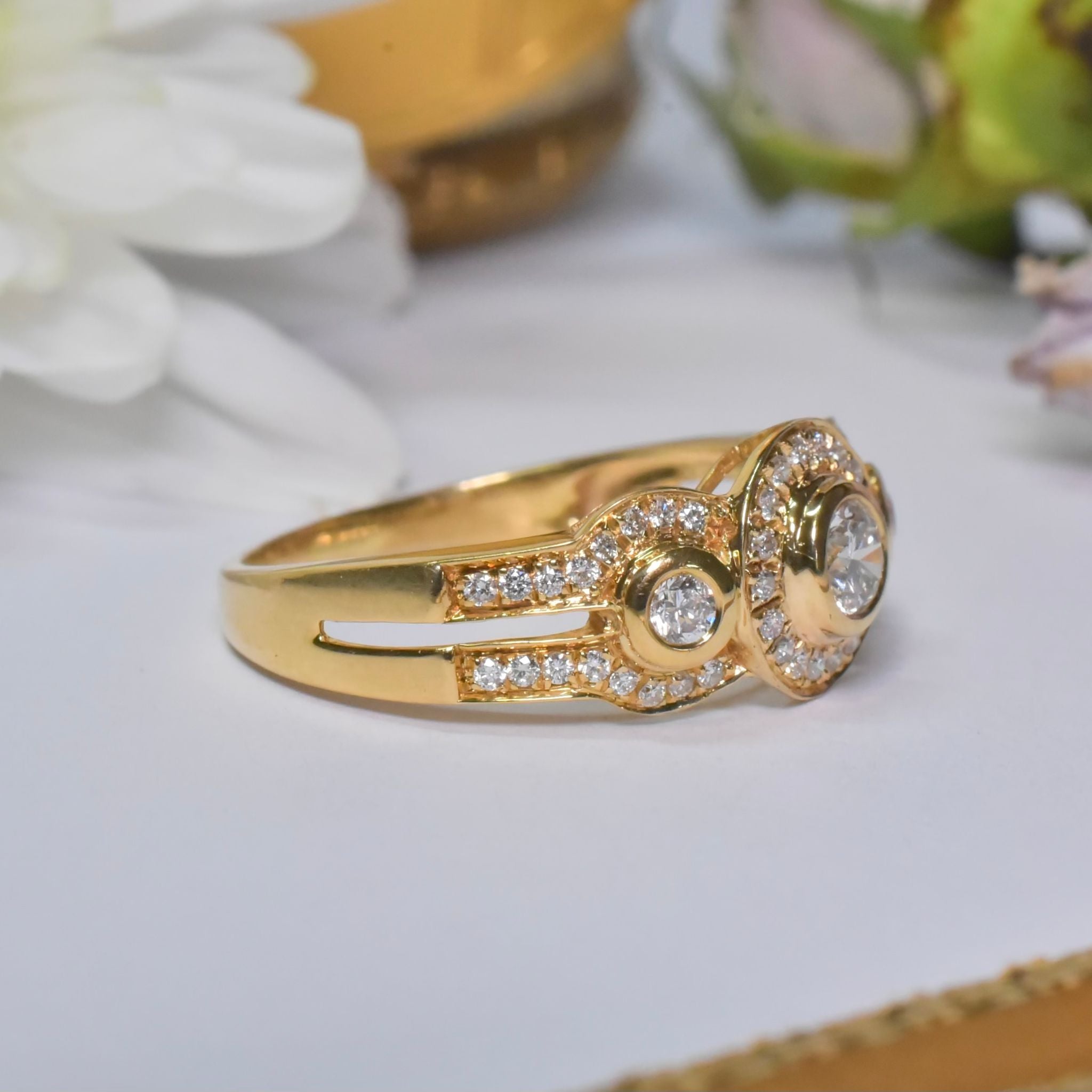 Modern 18ct Yellow Gold And Diamond Triple Halo Cluster Ring 0.63ct