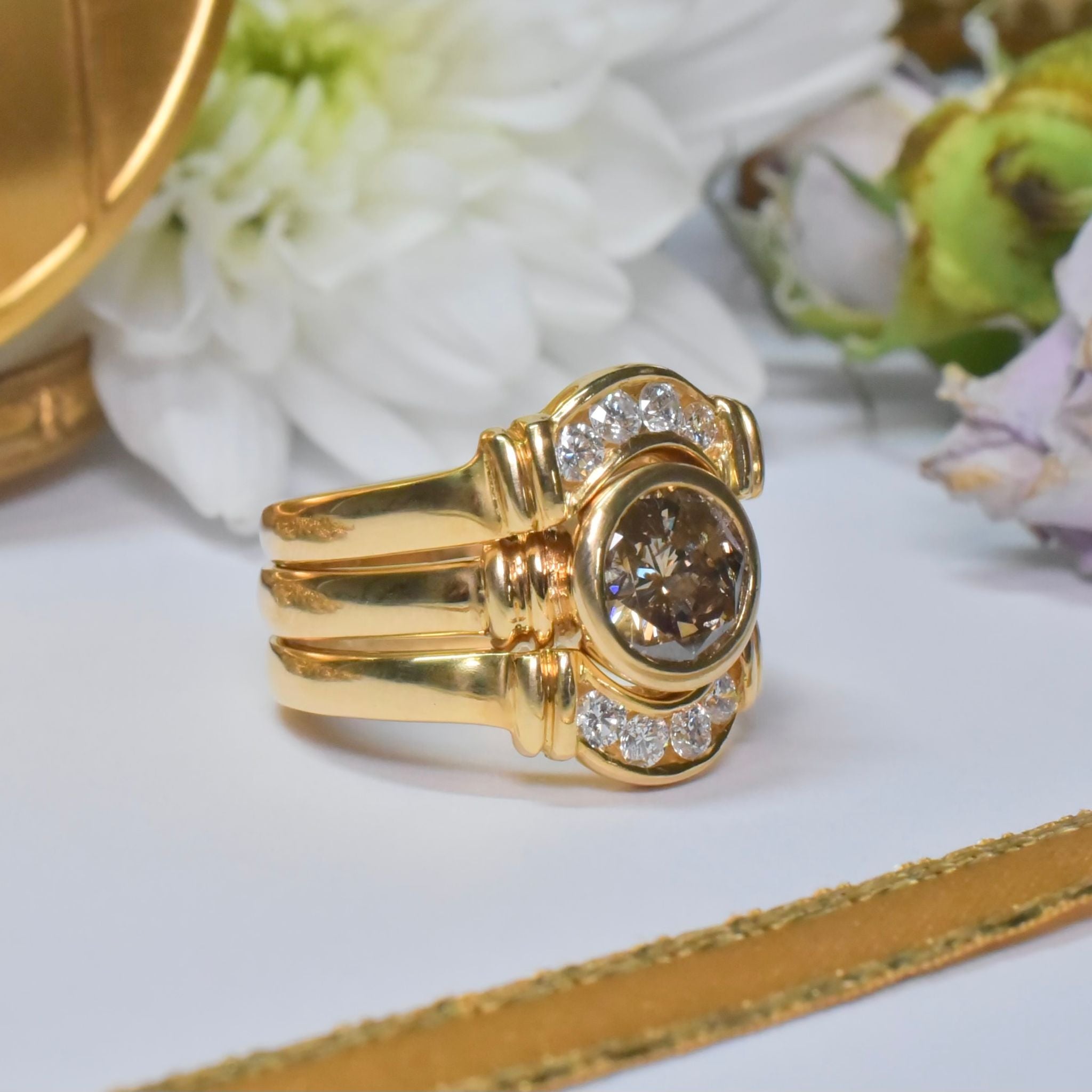 Contemporary 18ct Yellow Gold 1.34ct Champagne Diamond With 2 X 18ct Diamond Bands Valuation of $24,300 AUD