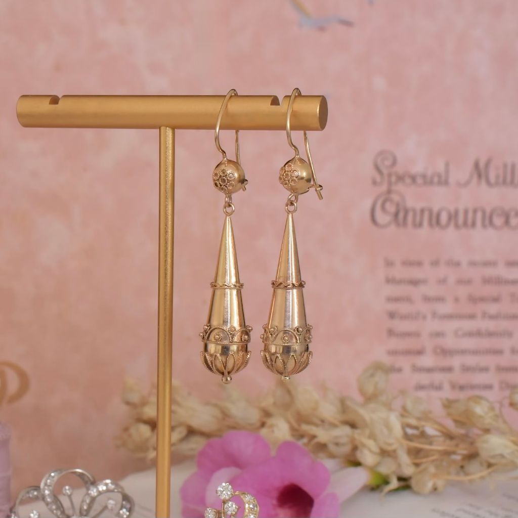 Modern 9ct Rose Gold Etruscan Revival Torpedo Drop Earrings