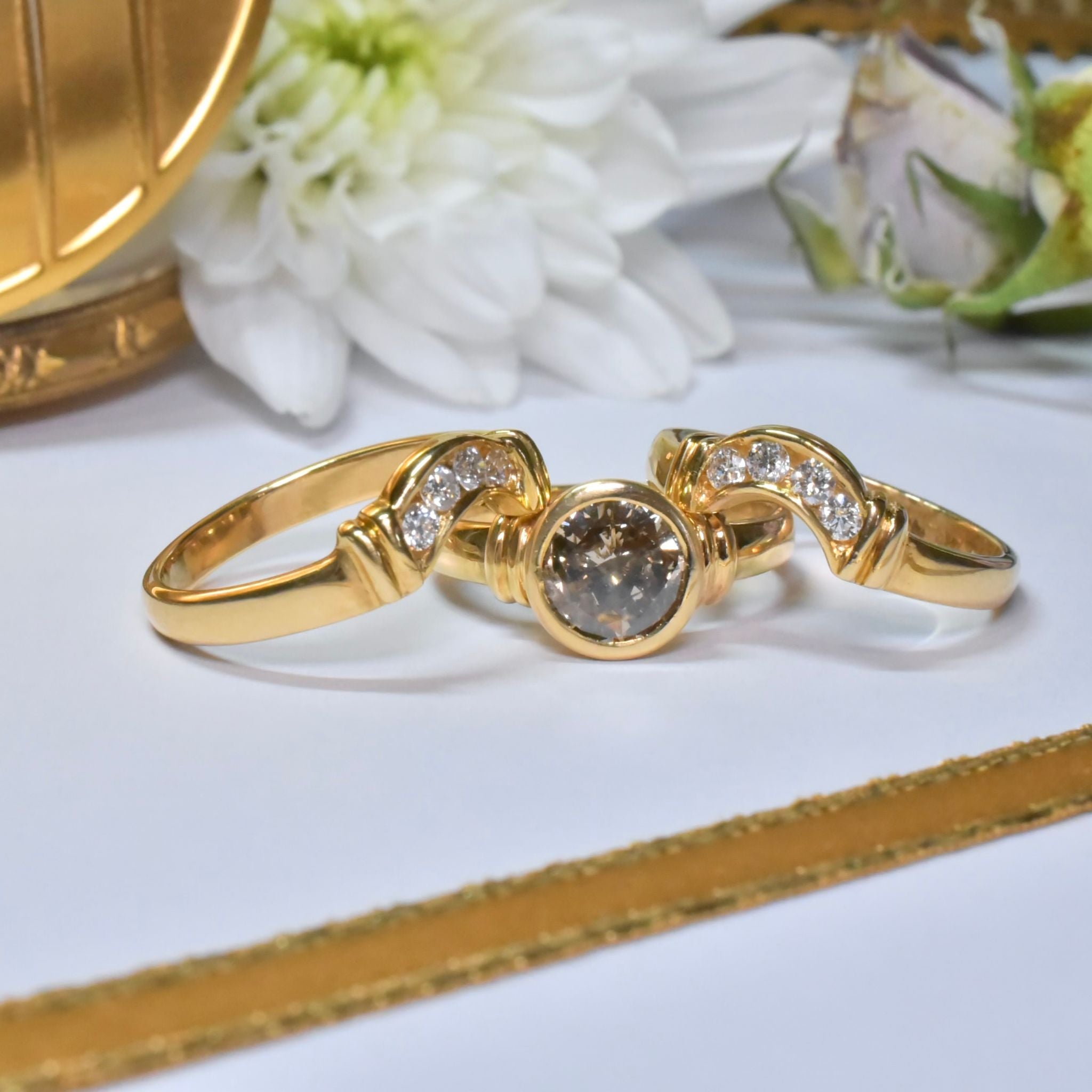 Contemporary 18ct Yellow Gold 1.34ct Champagne Diamond With 2 X 18ct Diamond Bands Valuation of $24,300 AUD