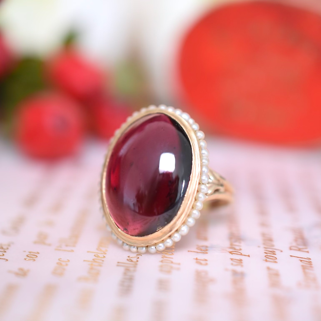 Vintage Estate 14ct Yellow Gold Garnet And Seed Pearl Ring