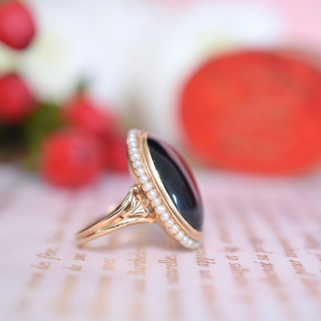 Vintage Estate 14ct Yellow Gold Garnet And Seed Pearl Ring
