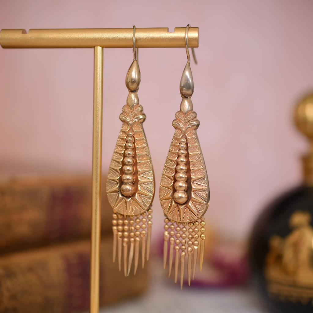 Antique Victorian Gilt Metal Etruscan Revival Drop Earrings Circa 1880