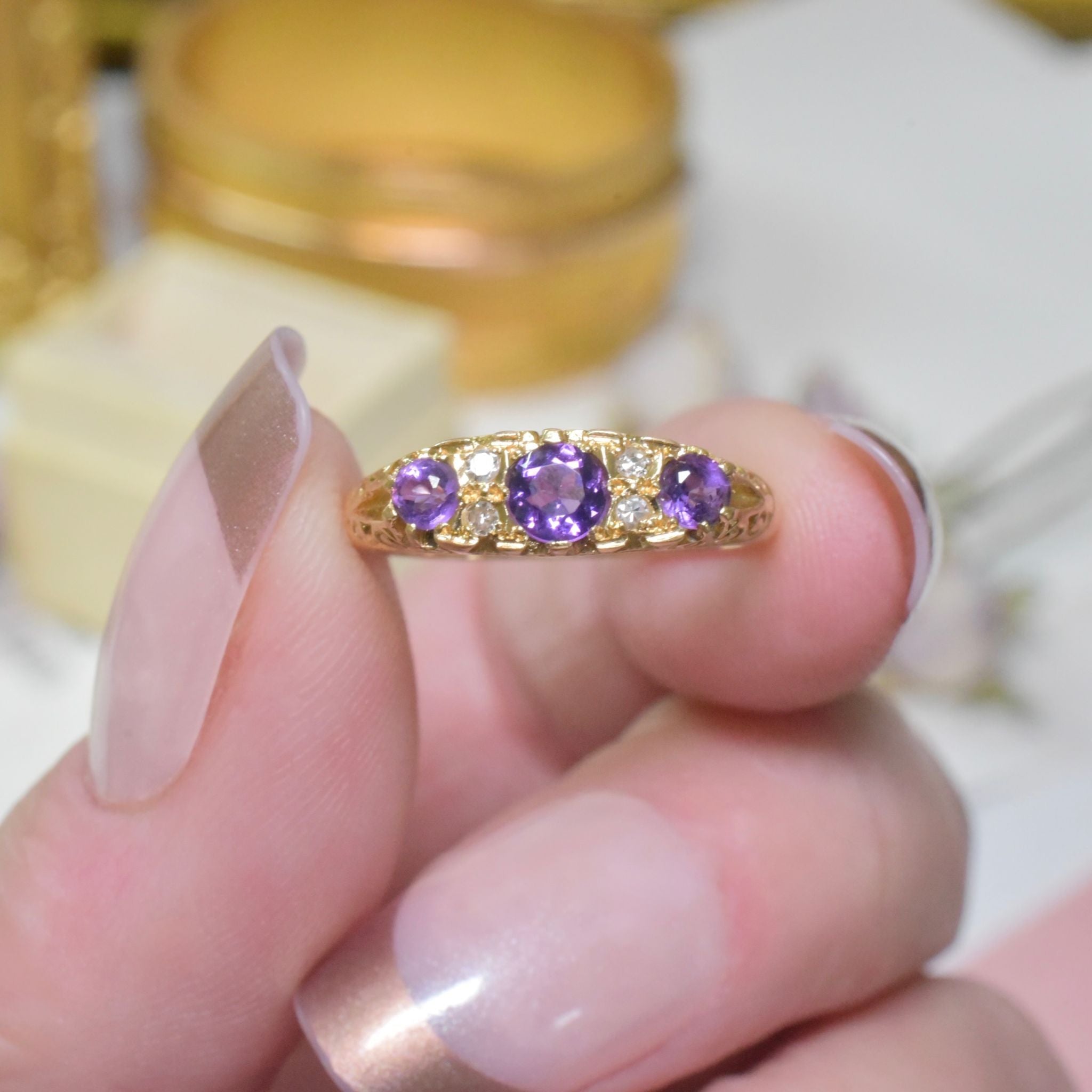Antique Edwardian 18ct Yellow Gold Amethyst And Diamond Ring