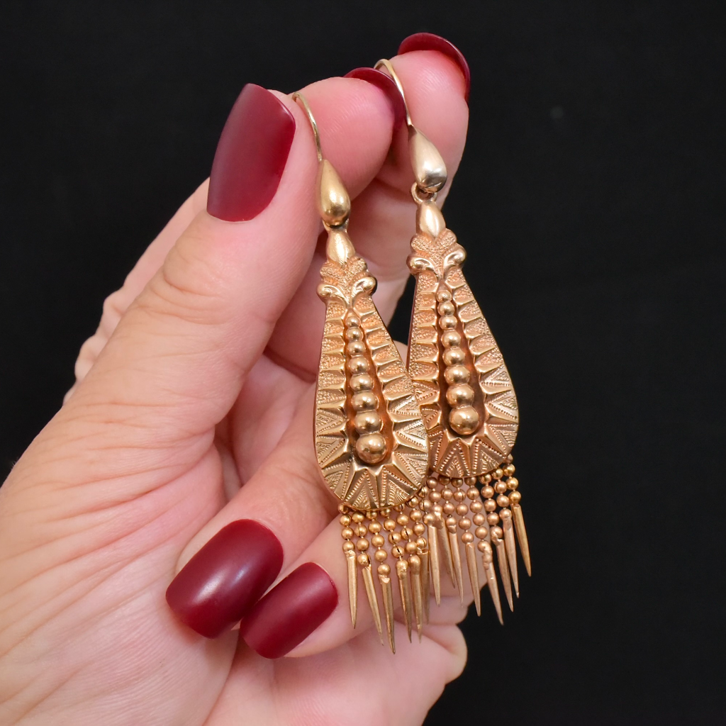 Antique Victorian Gilt Metal Etruscan Revival Drop Earrings Circa 1880