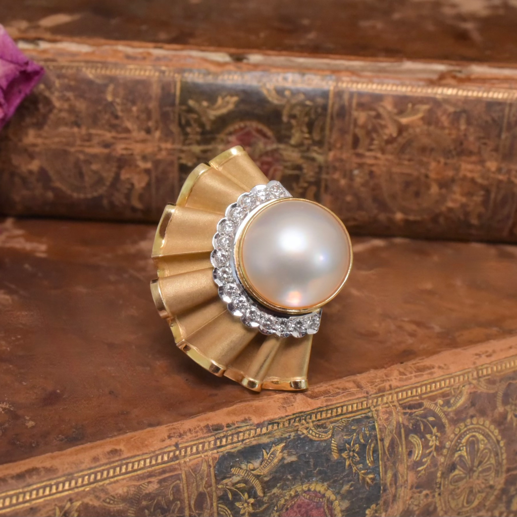 Vintage Retro Era 14ct Yellow Gold Diamond & Mabe Pearl Ring circa 1950-60’s