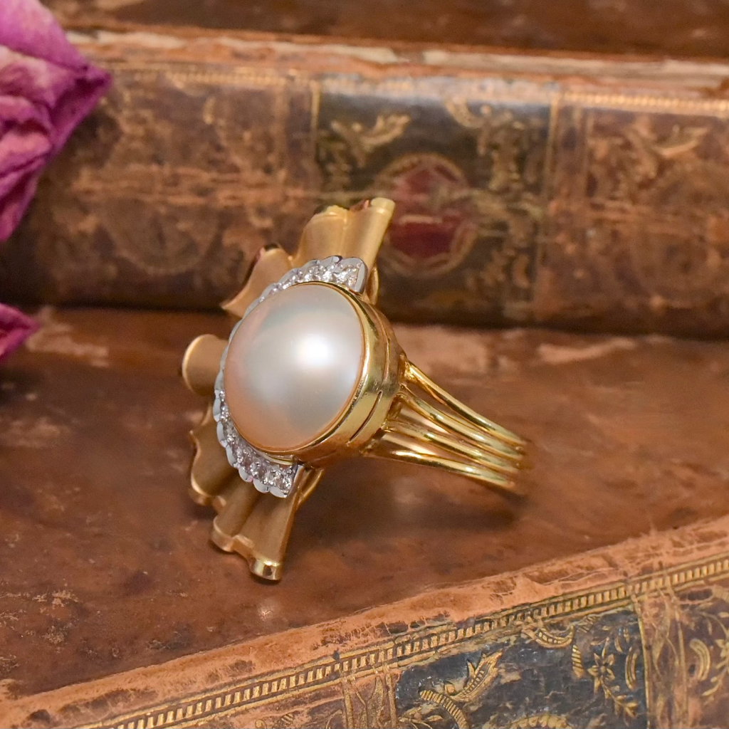 Vintage Retro Era 14ct Yellow Gold Diamond & Mabe Pearl Ring circa 1950-60’s