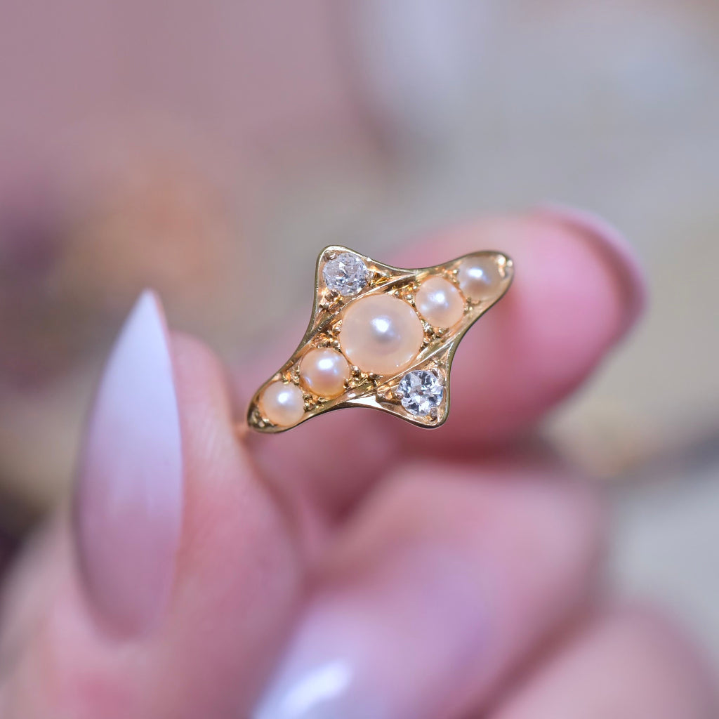 Antique Edwardian 18ct Yellow Gold Diamond And Half Pearl Ring Circa 1900-1910