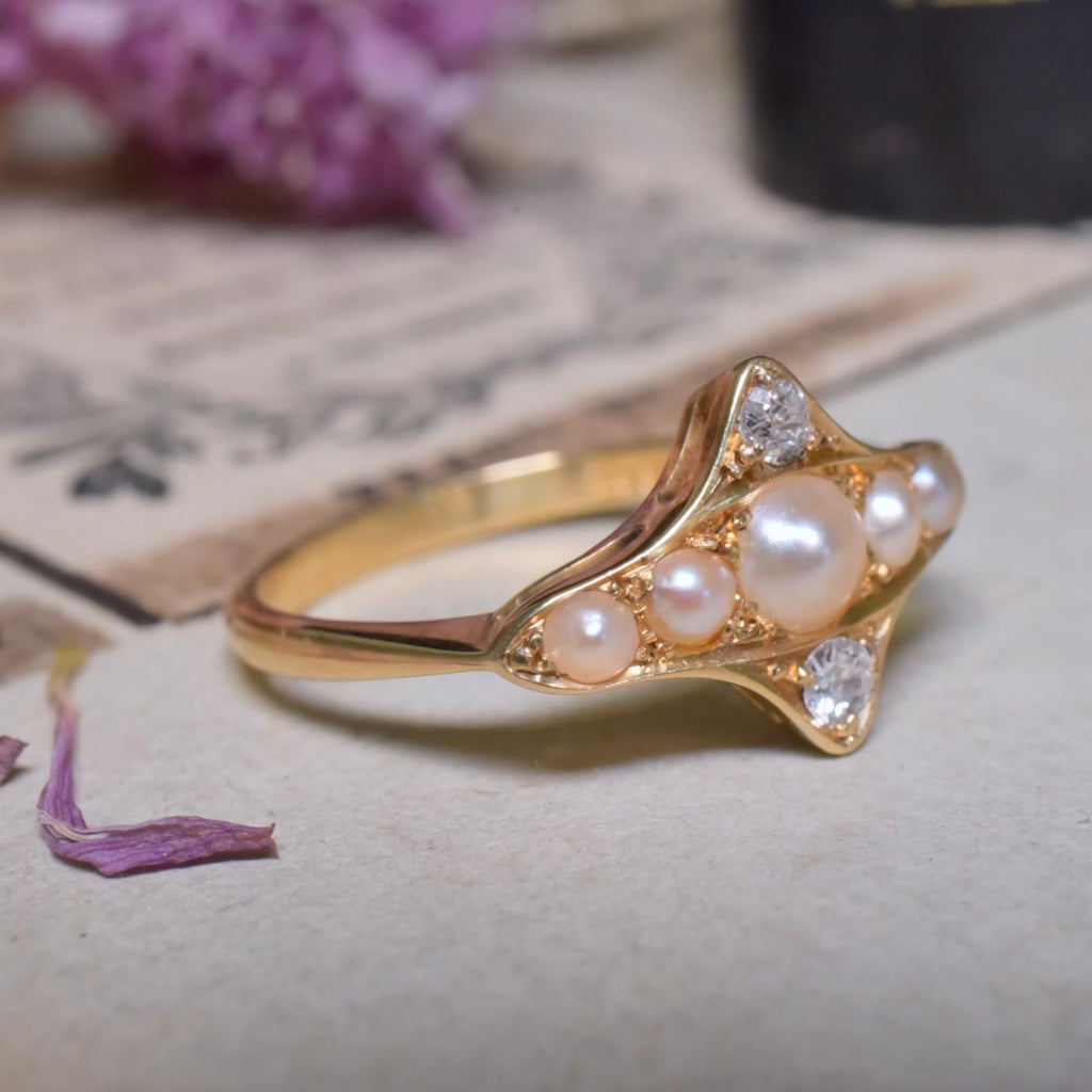 Antique Edwardian 18ct Yellow Gold Diamond And Half Pearl Ring Circa 1900-1910