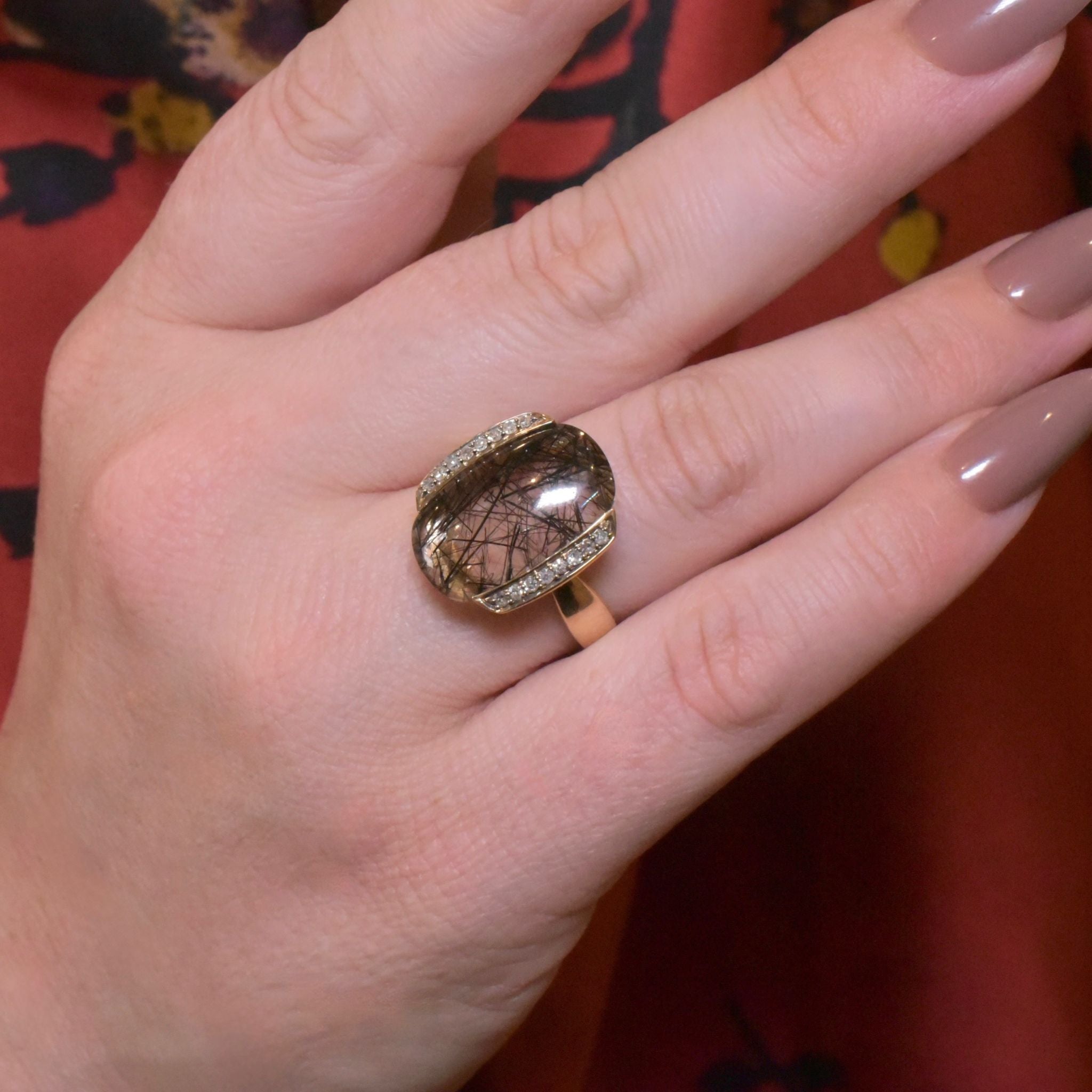 Modern 9ct Yellow Gold Tourmalinated Quartz (Rutile Quartz) Ring - Birmingham 2009