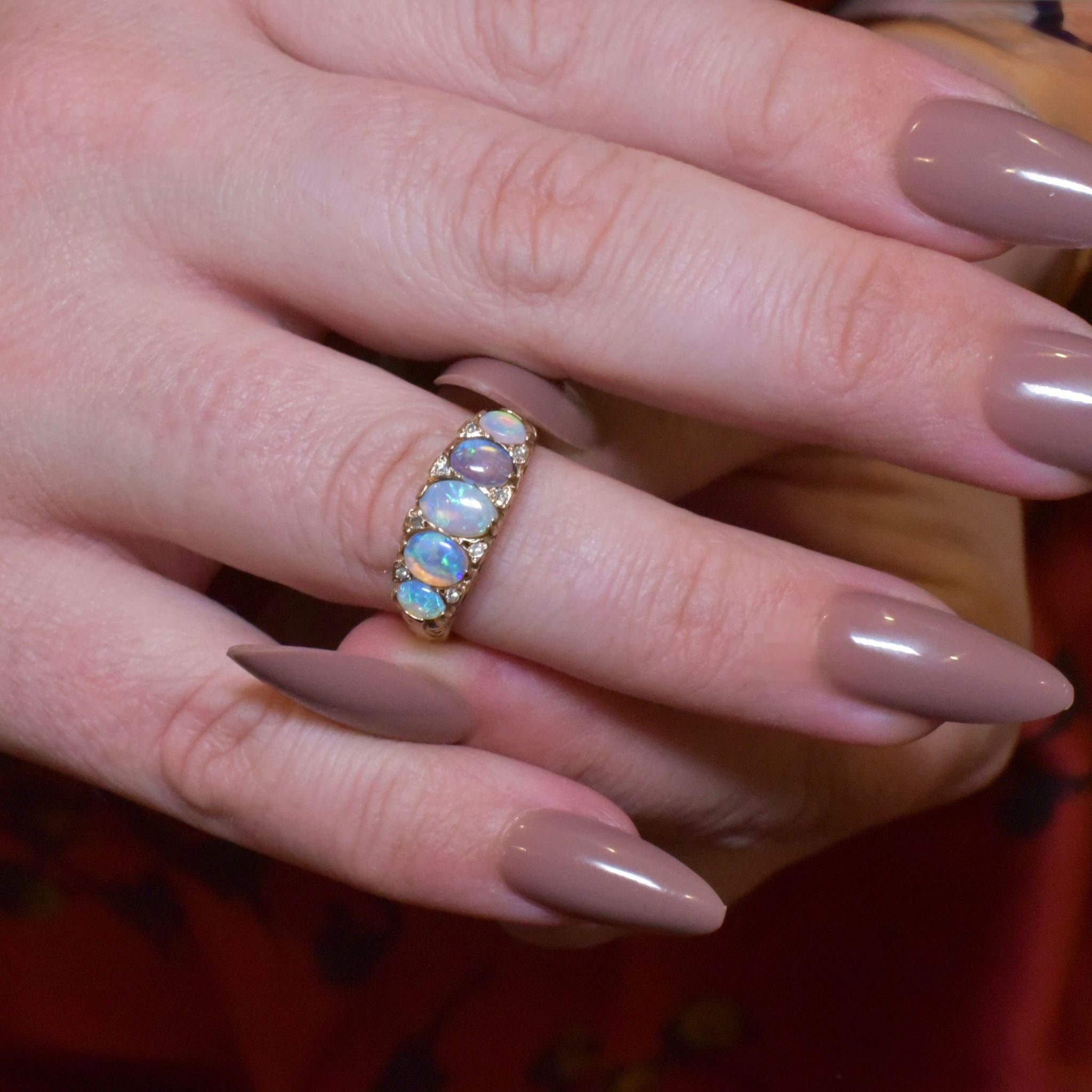 Contemporary 9ct Rose Gold ‘Antique Style’ Opal And Diamond Half Hoop Ring - Sheffield 1997