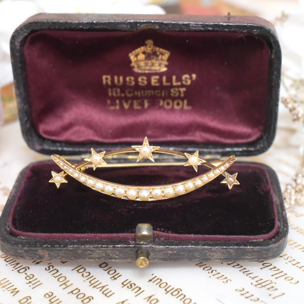Antique Victorian Celestial 20ct Yellow Gold Half Pearl Brooch / Original Box By Russells’