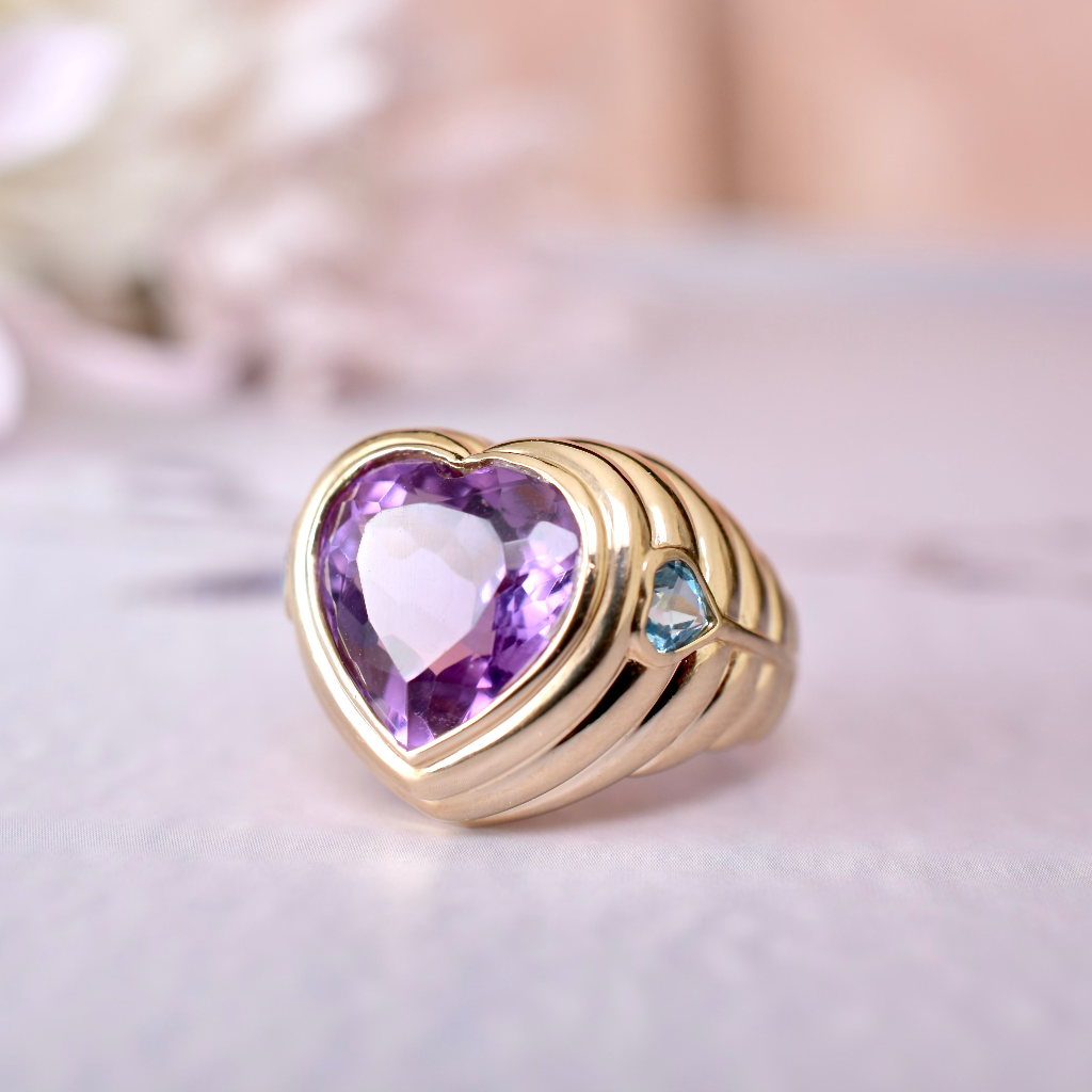 Modern 14ct Yellow Gold Heart-Cut Amethyst and Topaz Ring