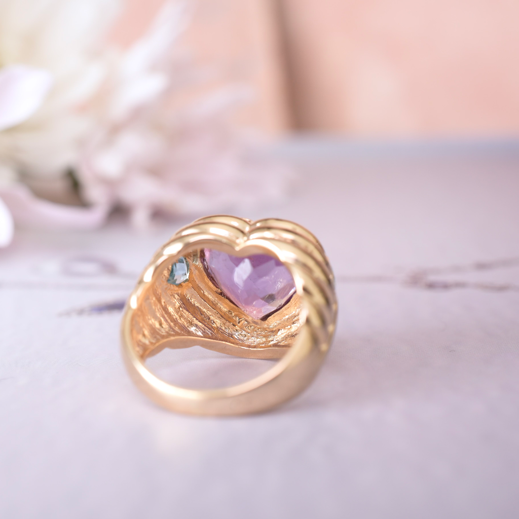 Modern 14ct Yellow Gold Heart-Cut Amethyst and Topaz Ring