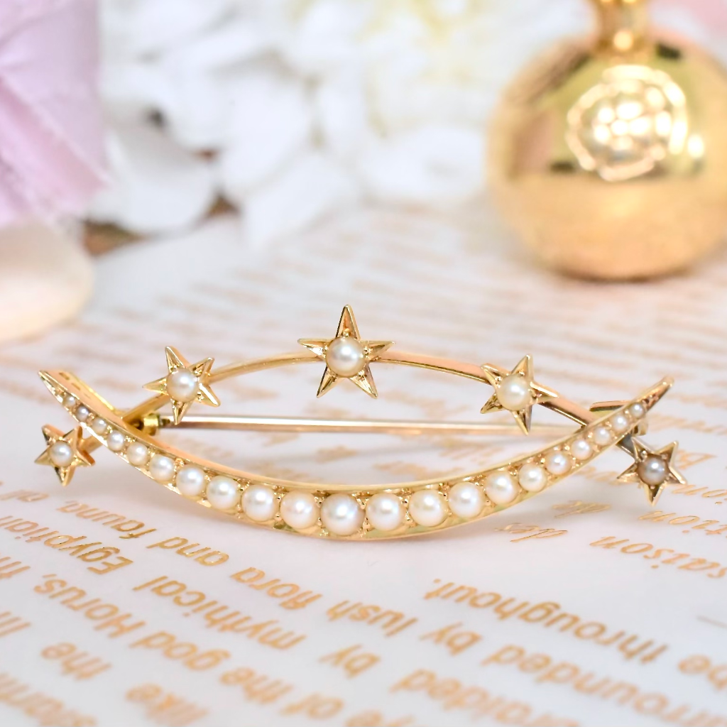 Antique Victorian Celestial 20ct Yellow Gold Half Pearl Brooch / Original Box By Russells’