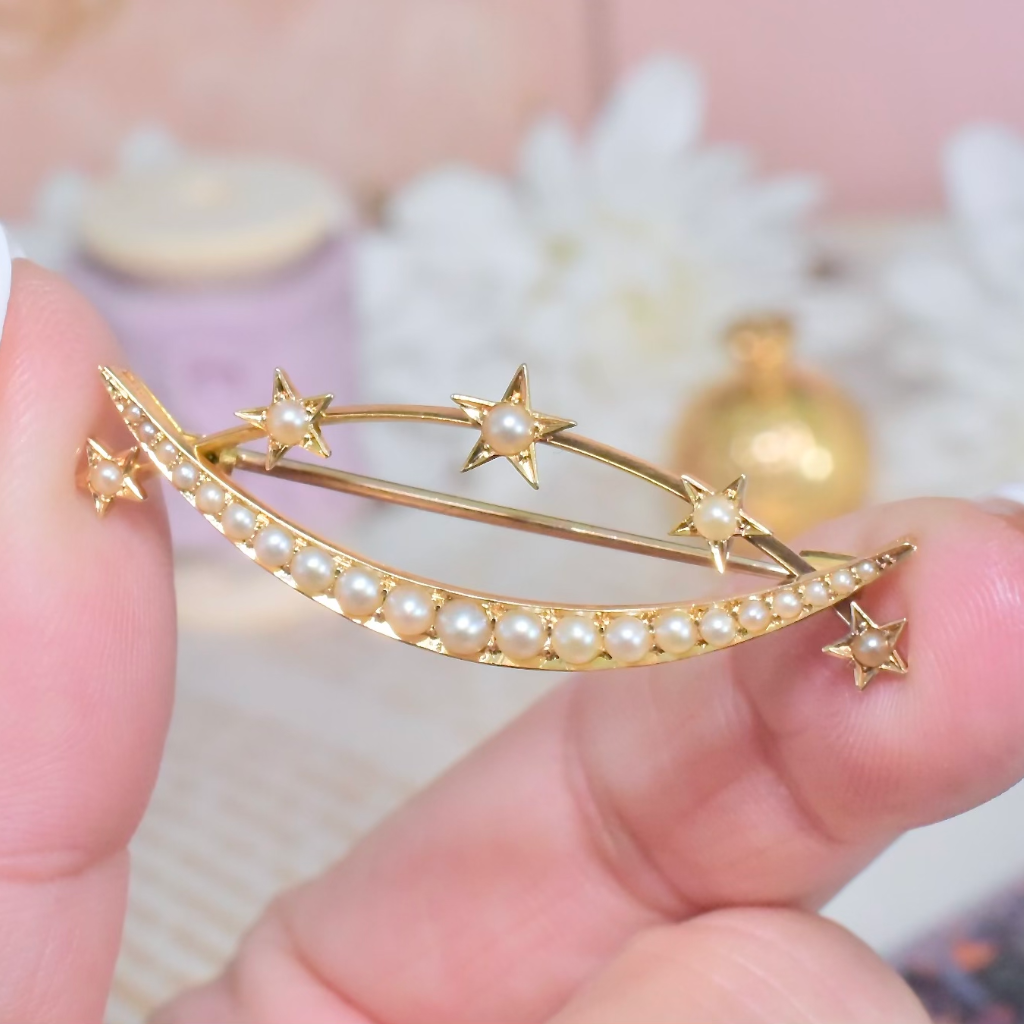 Antique Victorian Celestial 20ct Yellow Gold Half Pearl Brooch / Original Box By Russells’