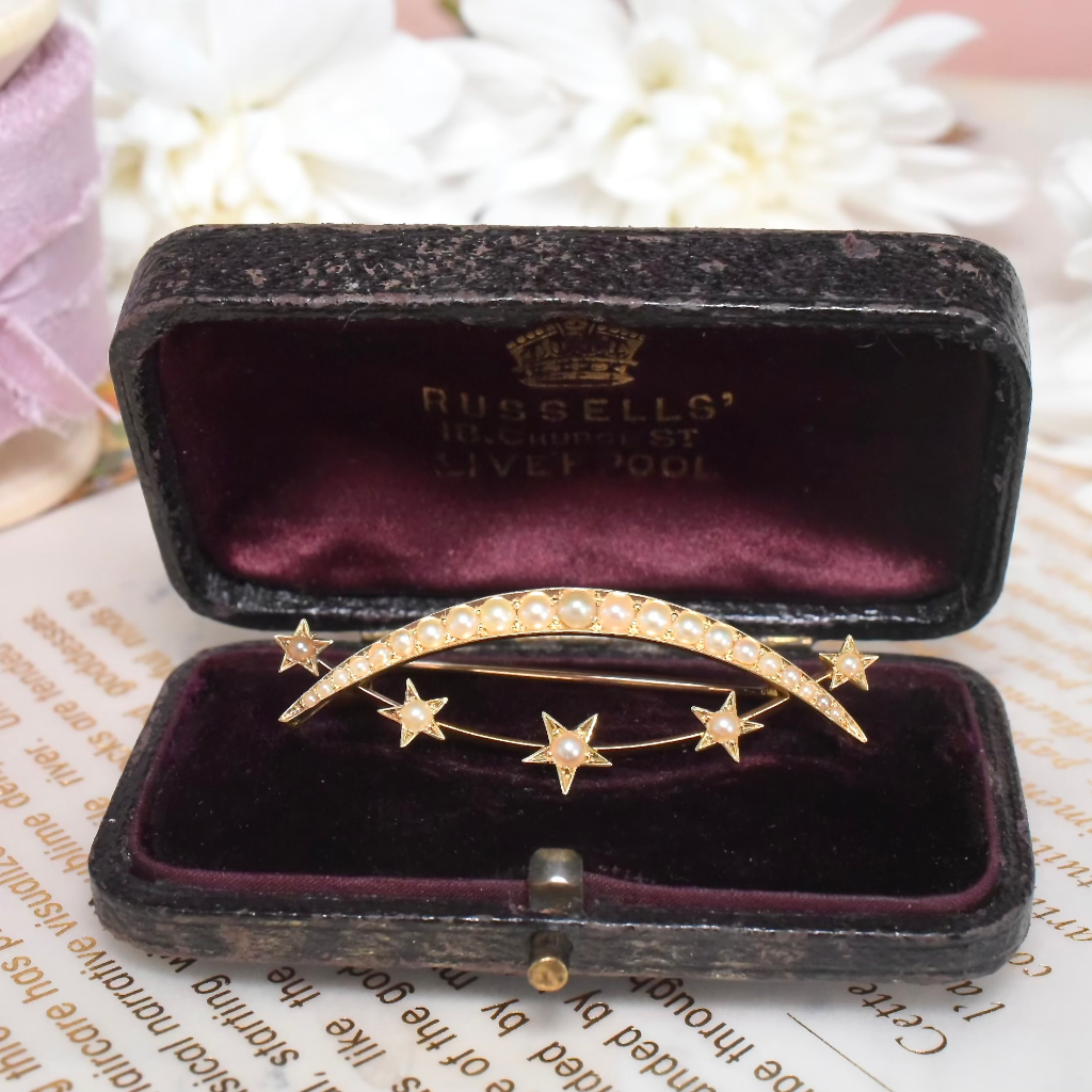 Antique Victorian Celestial 20ct Yellow Gold Half Pearl Brooch / Original Box By Russells’