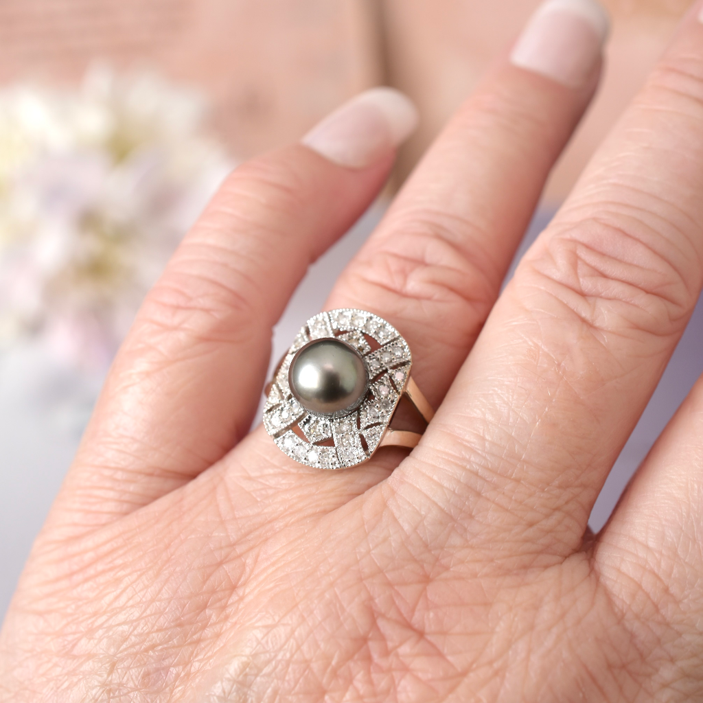 Modern 14ct White Gold Tahitian Pearl And Diamond Ring