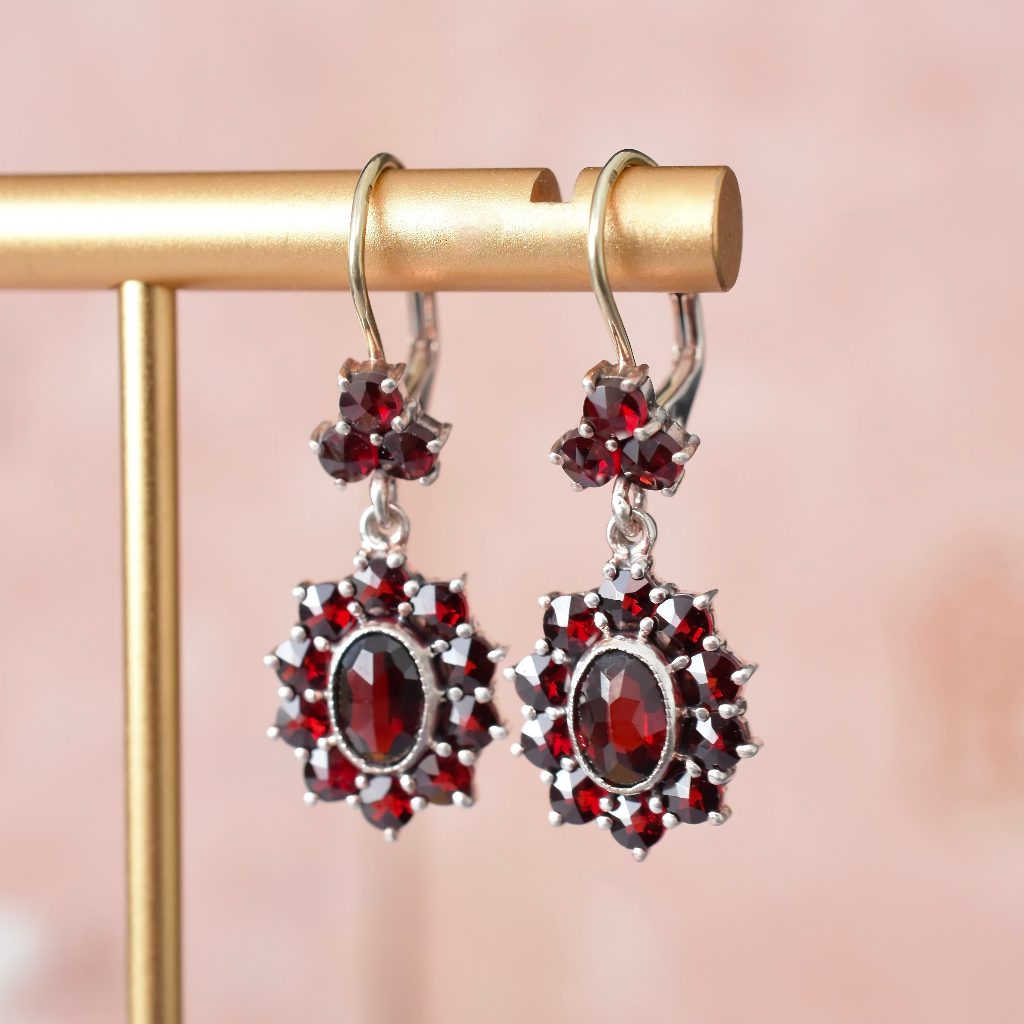 Vintage Mid Century 14ct And Sterling Silver Bohemian Garnet Earrings