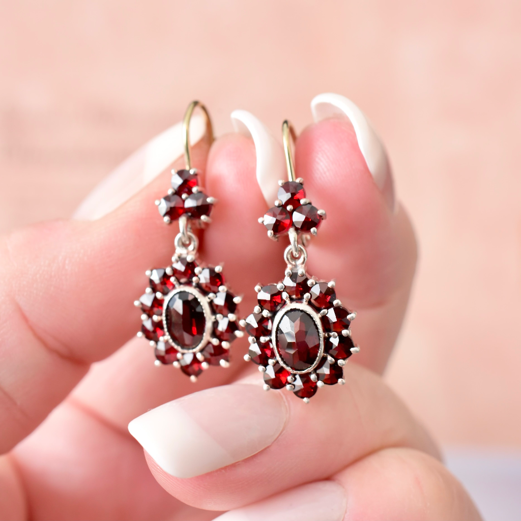 Vintage Mid Century 14ct And Sterling Silver Bohemian Garnet Earrings