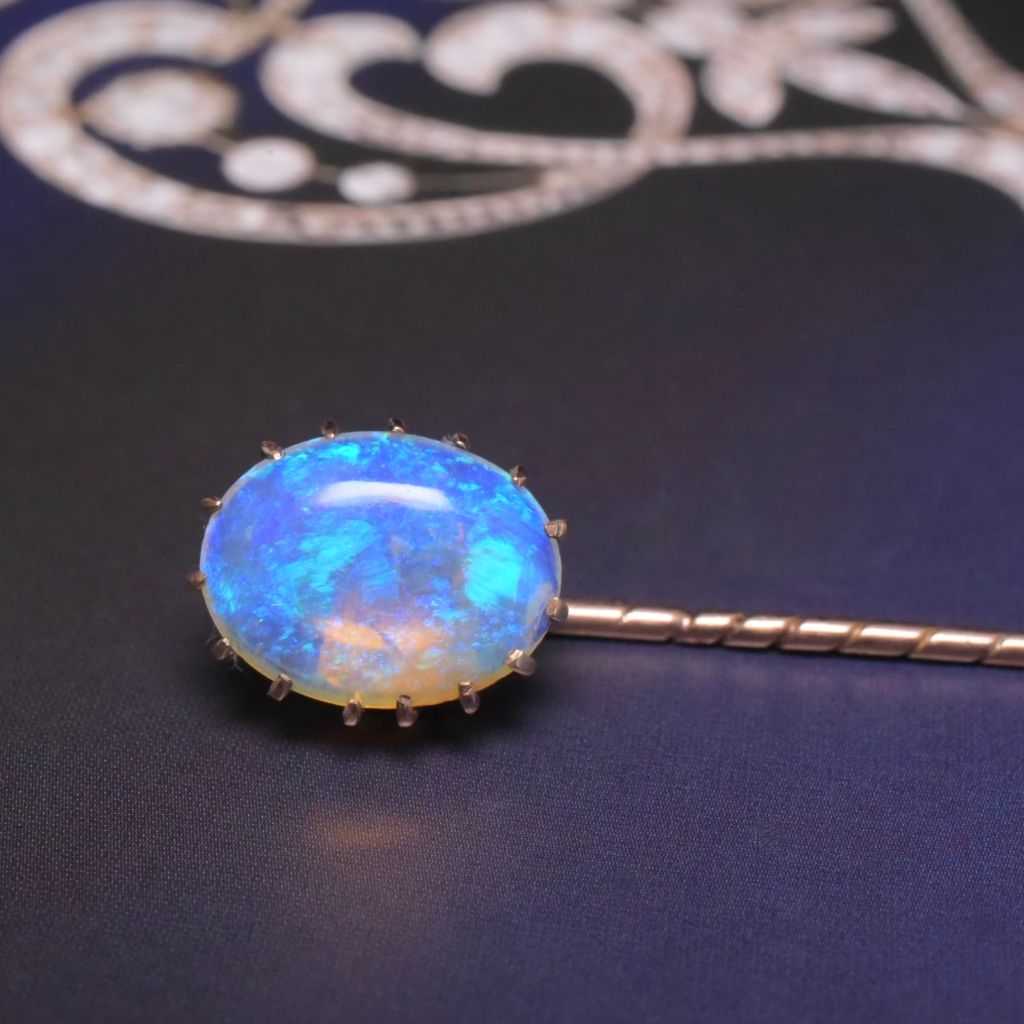 Antique Australian 9ct Rose Gold Lightning Ridge Dark Crystal Opal Stick Pin Circa 1900-1910