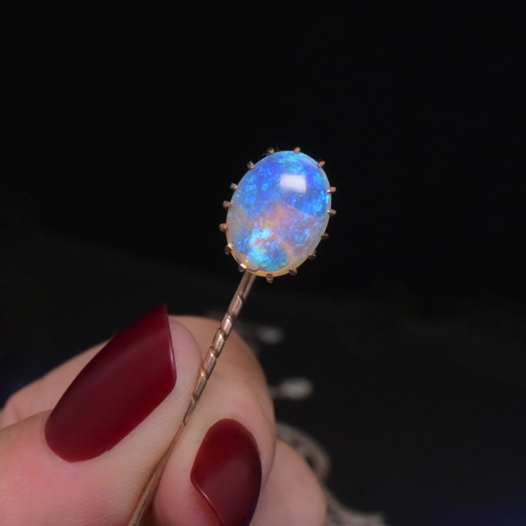 Antique Australian 9ct Rose Gold Lightning Ridge Dark Crystal Opal Stick Pin Circa 1900-1910