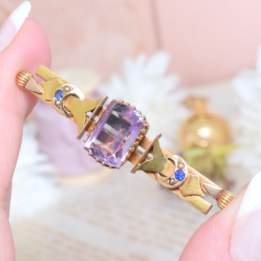 Antique Australian 15ct Rose Gold Amethyst And Seed Pearl Brooch By Aronson & Co Circa 1905-15