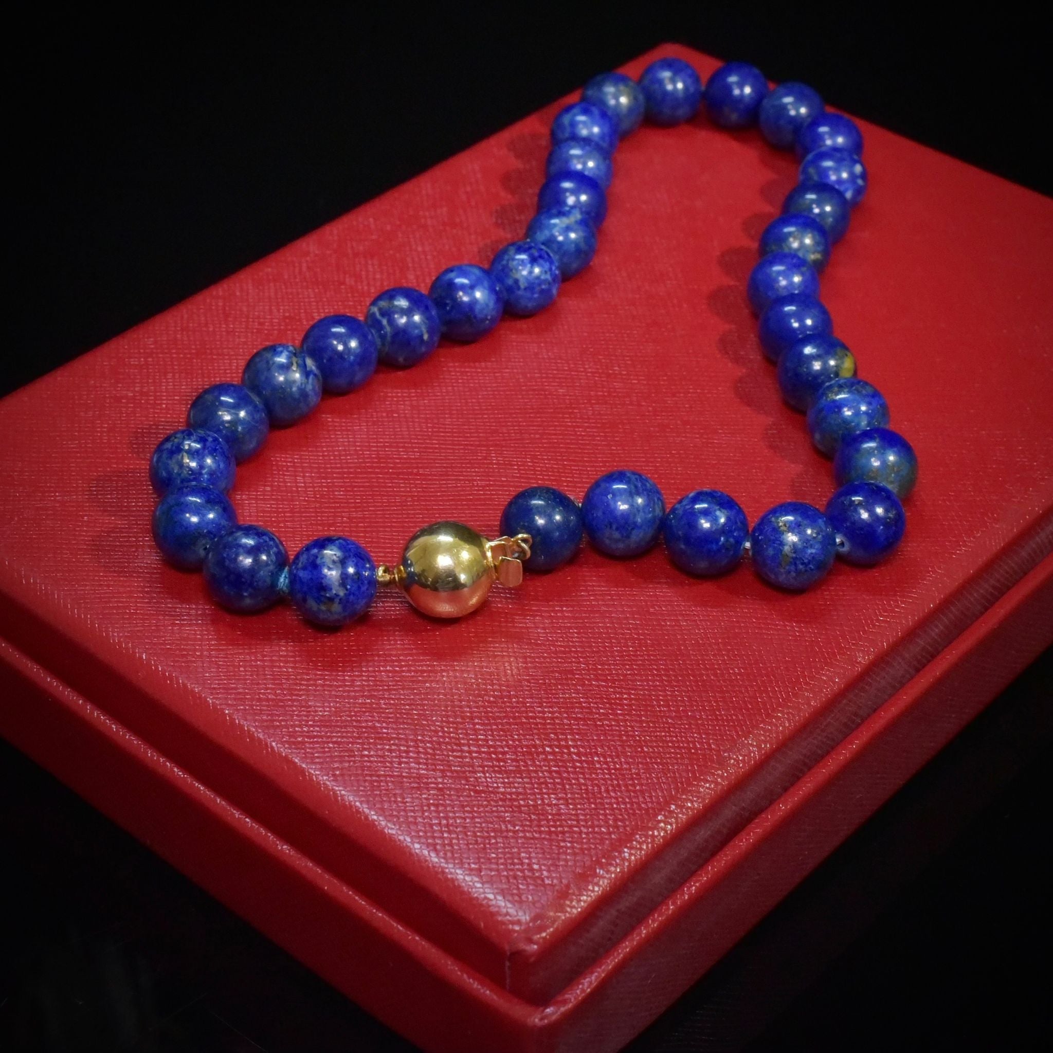 Modern 14ct Yellow Gold And Lapis Lazuli Bead Necklace