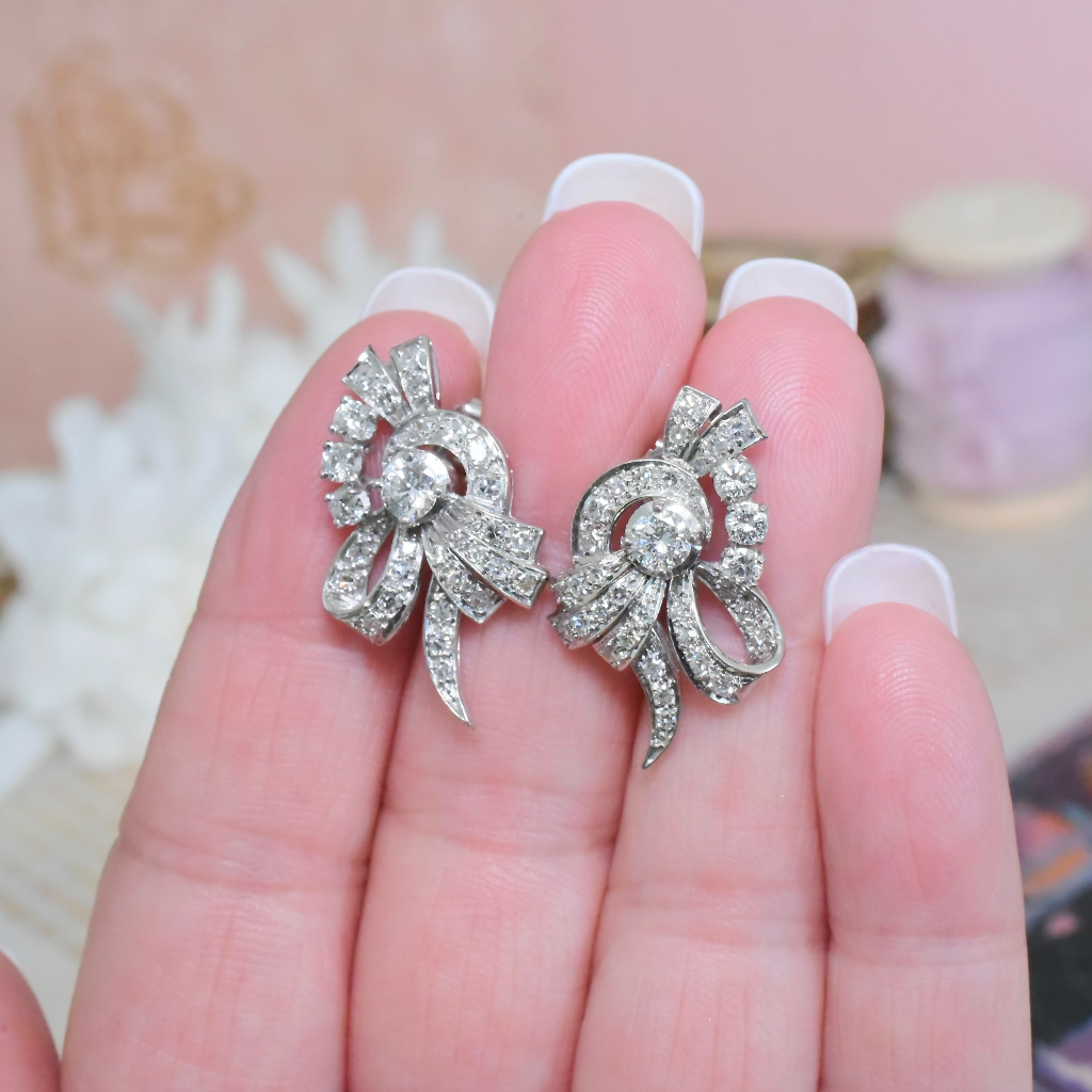 Vintage Retro Style 18ct White Gold Diamond Earrings - G Colour Diamonds / VS Colour Valuation For Retail Replacement For $10,730 AUD