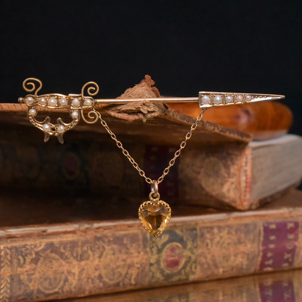 Antique Australian 15ct Rose Gold Heart Cut Citrine & Seed Pearl ‘Jabot Pin’ By Willis And Sons