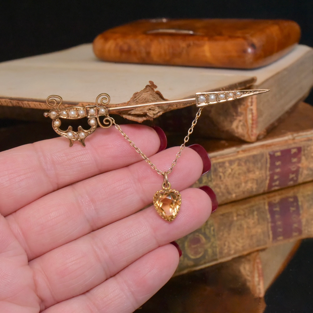 Antique Australian 15ct Rose Gold Heart Cut Citrine & Seed Pearl ‘Jabot Pin’ By Willis And Sons