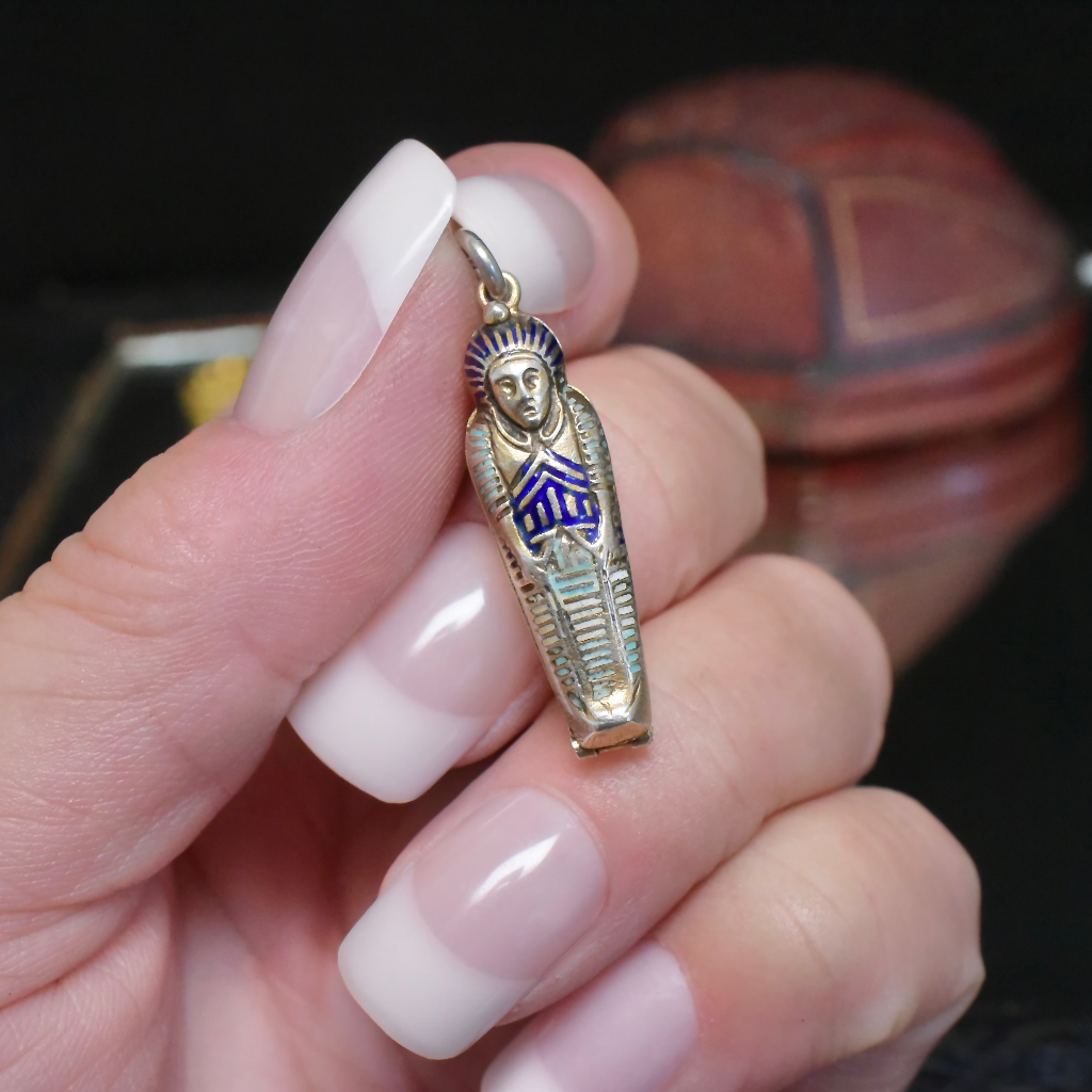 Antique Art Deco Silver And Enamel Egyptian Sarcophagus And Mummy Pendant/Charm