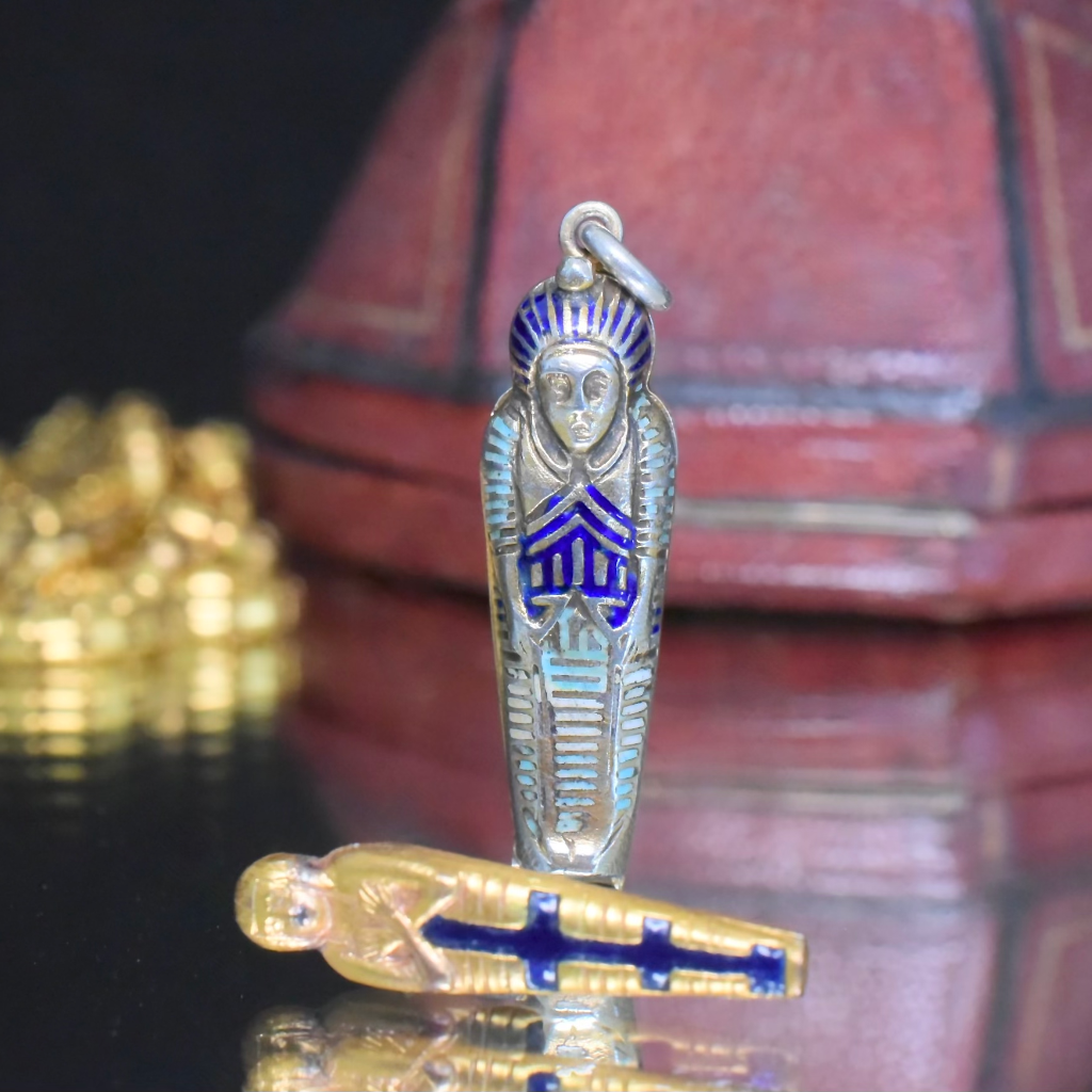 Antique Art Deco Silver And Enamel Egyptian Sarcophagus And Mummy Pendant/Charm