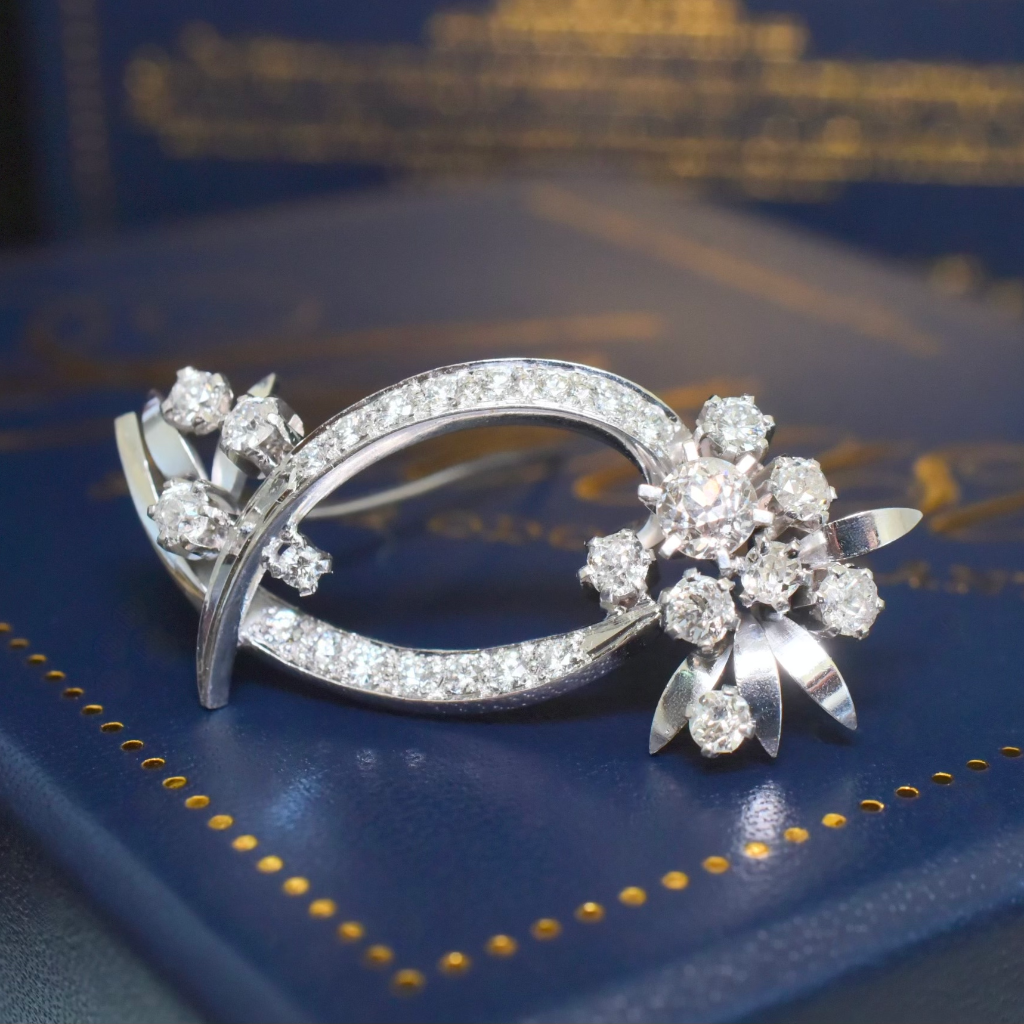 Vintage Retro Era 18ct White Gold Diamond Floral Spray Brooch - 2.37ct Diamonds Valuation For Retail Replacement For $10,590 AUD